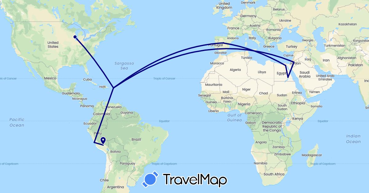 TravelMap itinerary: driving in Egypt, Spain, Jordan, Peru, United States (Africa, Asia, Europe, North America, South America)